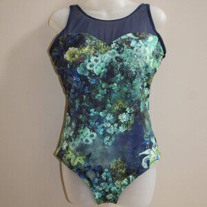 TOGS Blue Green Watercolor Floral One Piece Swim Suit Women's Sz US 10